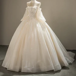 Beautiful Quinceanera Ball Gown Tulle Beaded Long Sleeveles vestido de noiva Boat Neck Customized bride dresses SFY197
