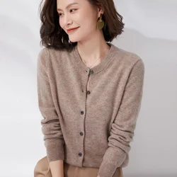 Autumn and winter wool cardigan women's round neck 100% pure wool sweater solid color versatile regular coat