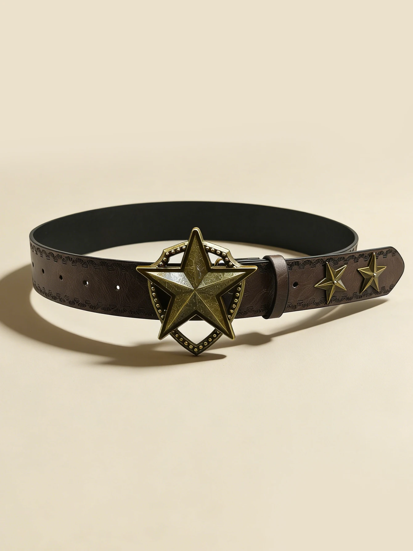 Western Star Buckle Belt Brown Embossed Women's Vintage Waistband Retro Distressed Decorative Accessory