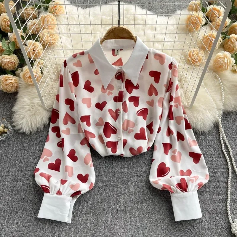 

2025 New All-match Top For Women Simple Lapel Neck Loose Blusas Mujer Sweet Heart Printed Long Sleeved Chiffon Shirt