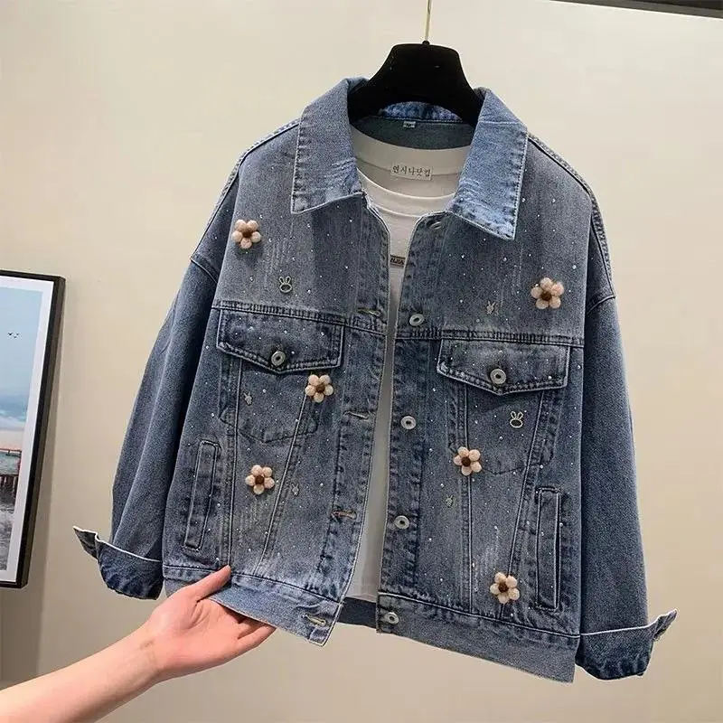 Large Size Women Denim Jacket Spring Autumn Long Sleeved Retro hot Diamond Jeans Coat New Female Casual Loose Cowboy Outwear Top