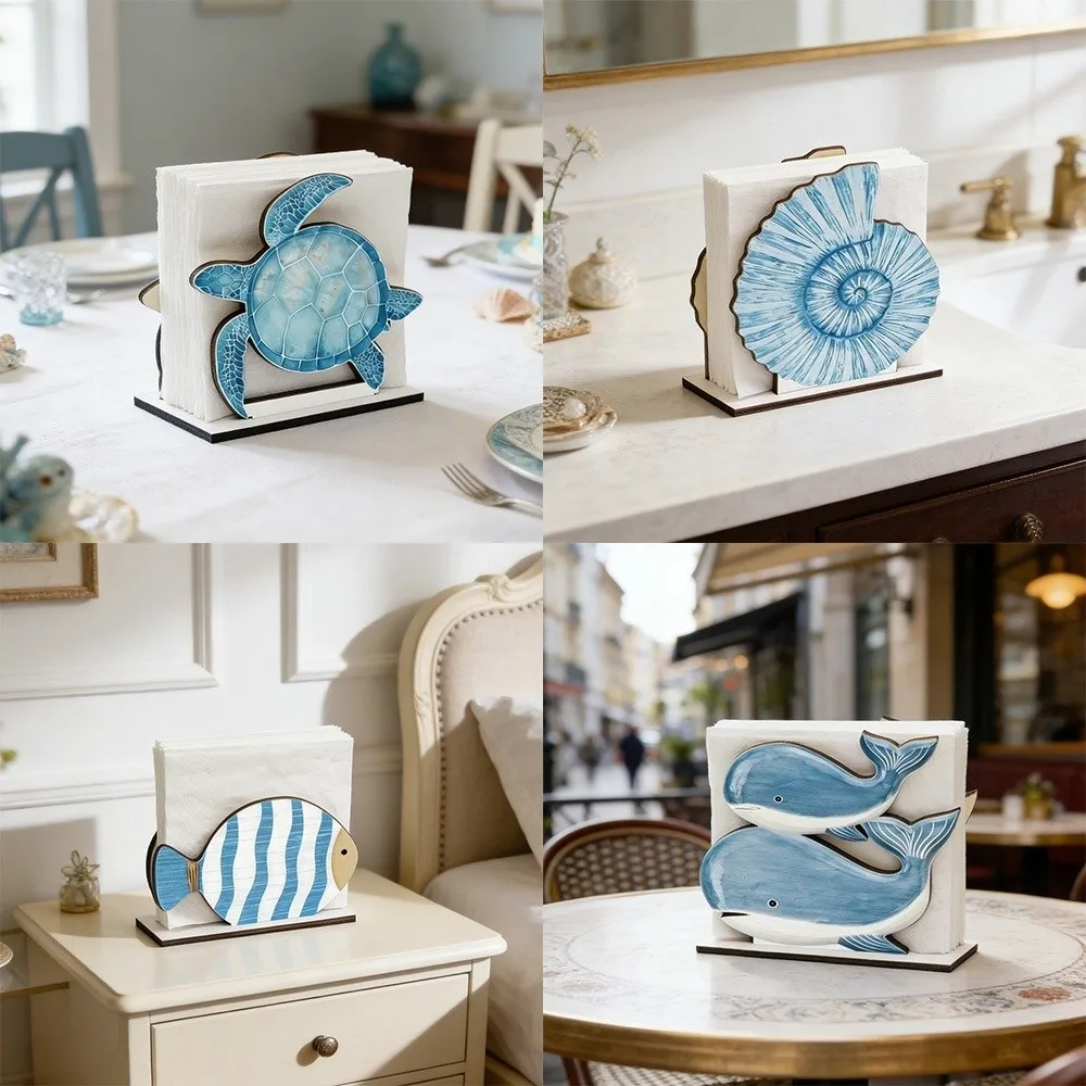 Creative Ocean Theme Wooden Napkin Holder Fish Shaped Decorative Desktop Ornament Large Capacity Tissue Holder Cafe