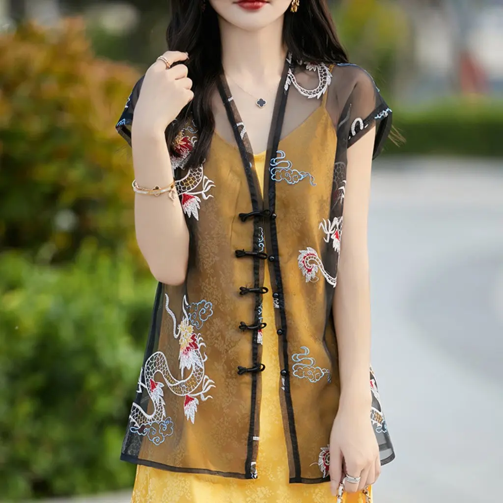 

Women's Chinese-Style Dragon Embroidery Guofeng Organza Blouse Mid-Length Fashion Outer Cardigan Vest
