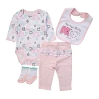 Clearance 4Pcs 9M Pink Elephant All Over Print Long Sleeve Cotton Baby Girl Bodysuit Ruffle Pants Bib Socks Set
