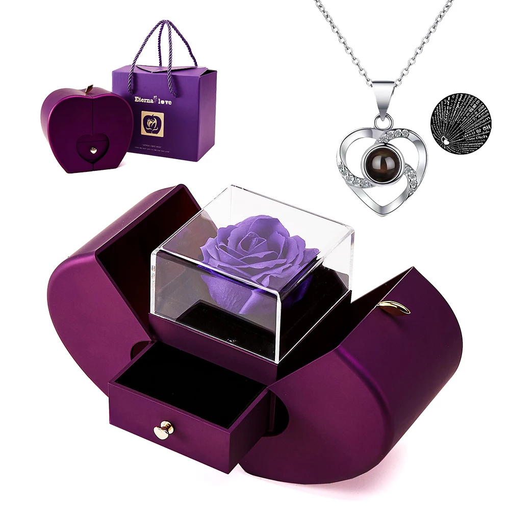 

Подарочный набор ювелирных изделий ко Дню матери – 100-язычное ожерелье с проекционным сердцем «Я люблю тебя» и подарочной коробкой с вечным цветком яблока для мамы