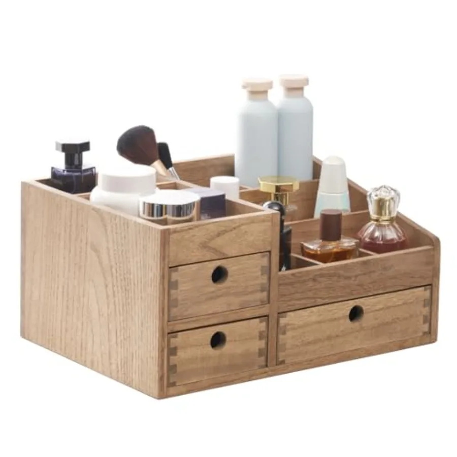 

Wood Makeup Organizer Storage Cabinet Tabletop Cosmetic Organizer Jewelry Storage Box 8 Compartment Makeup Display Case with 3