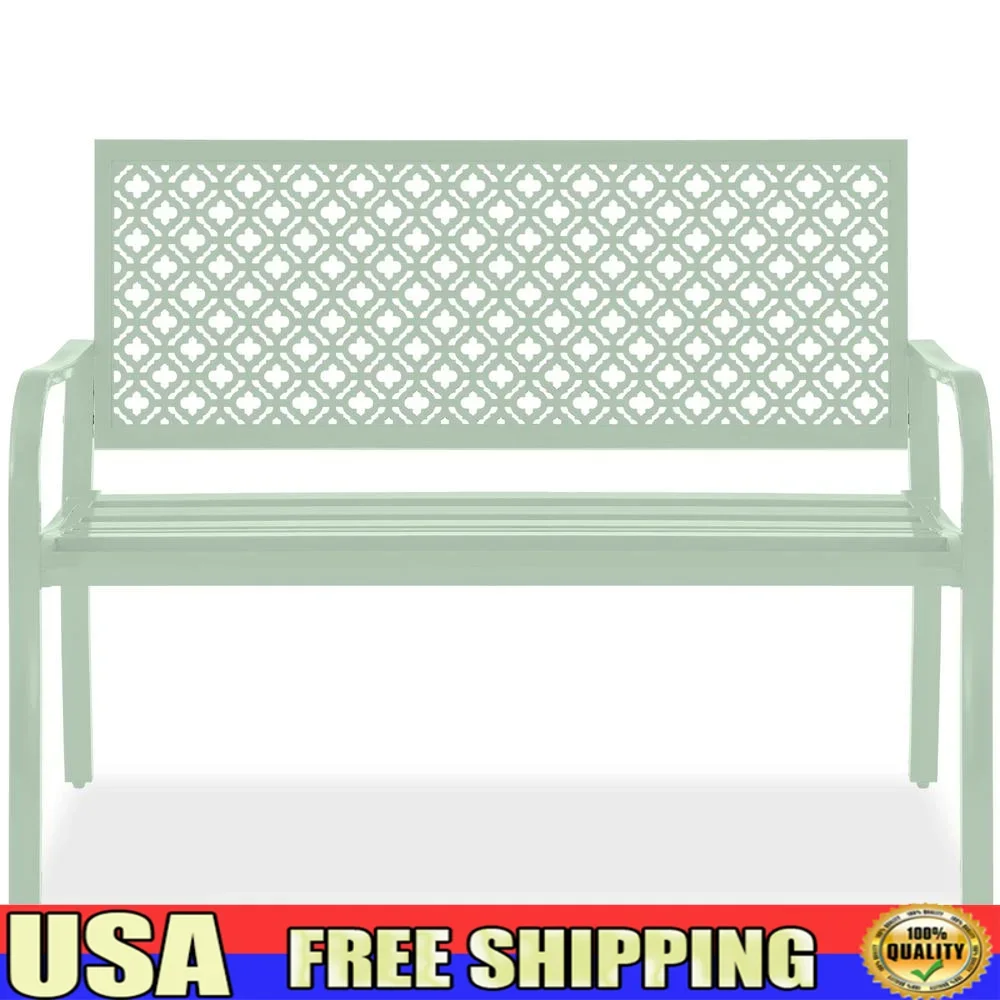 Outdoor Metal Bench 2-Person Steel Garden Patio Furniture Geometric Backrest Lightweight Weather-Resistant Easy Assembly Porch