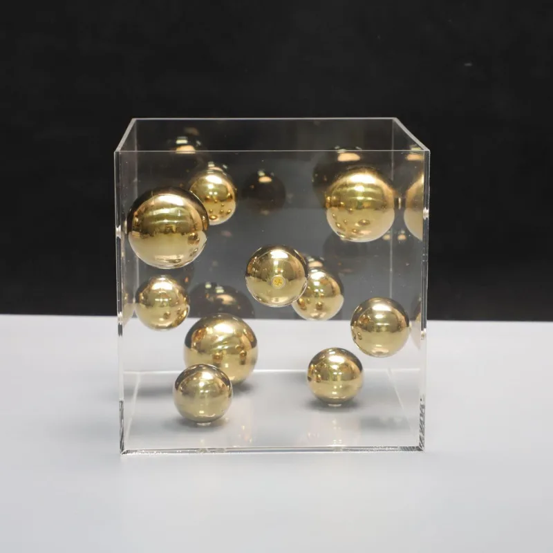 Abstract Metal Ball Square Transparent Box Ornaments Creative Floating Ball Aesthetics Design Artwork Office Home Desktop Decor