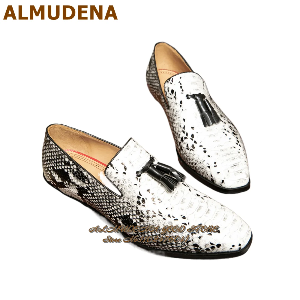 ALMUDENA Men's White Grey Snakeskin Formal Shoes Small Tassel Decorated Luxury Dress Shoes Slip-on Business Shoes Size46