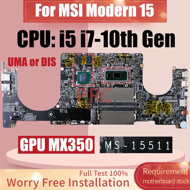 MS-15511 For MSI Modern 15 Laptop Motherboard i5 i7 10th Gen GPU MX350 Notebook Mainboard