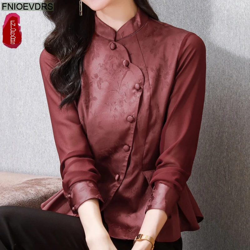 

Ретро винтажные топы с воротником-стойкой, блузки в китайском стиле, модные женские новогодние элегантные офисные женские тонкие однотонные кружевные базовые рубашки