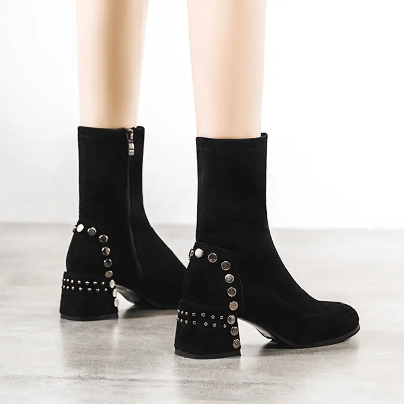 Shoes for Woman Half High Heels Women\'s Boots Studded Footwear Elegant Heeled Elastic Black Mid Calf Fashion 2024 Winter Novelty