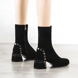 Shoes for Woman Half High Heels Women's Boots Studded Footwear Elegant Heeled Elastic Black Mid Calf Fashion 2024 Winter Novelty