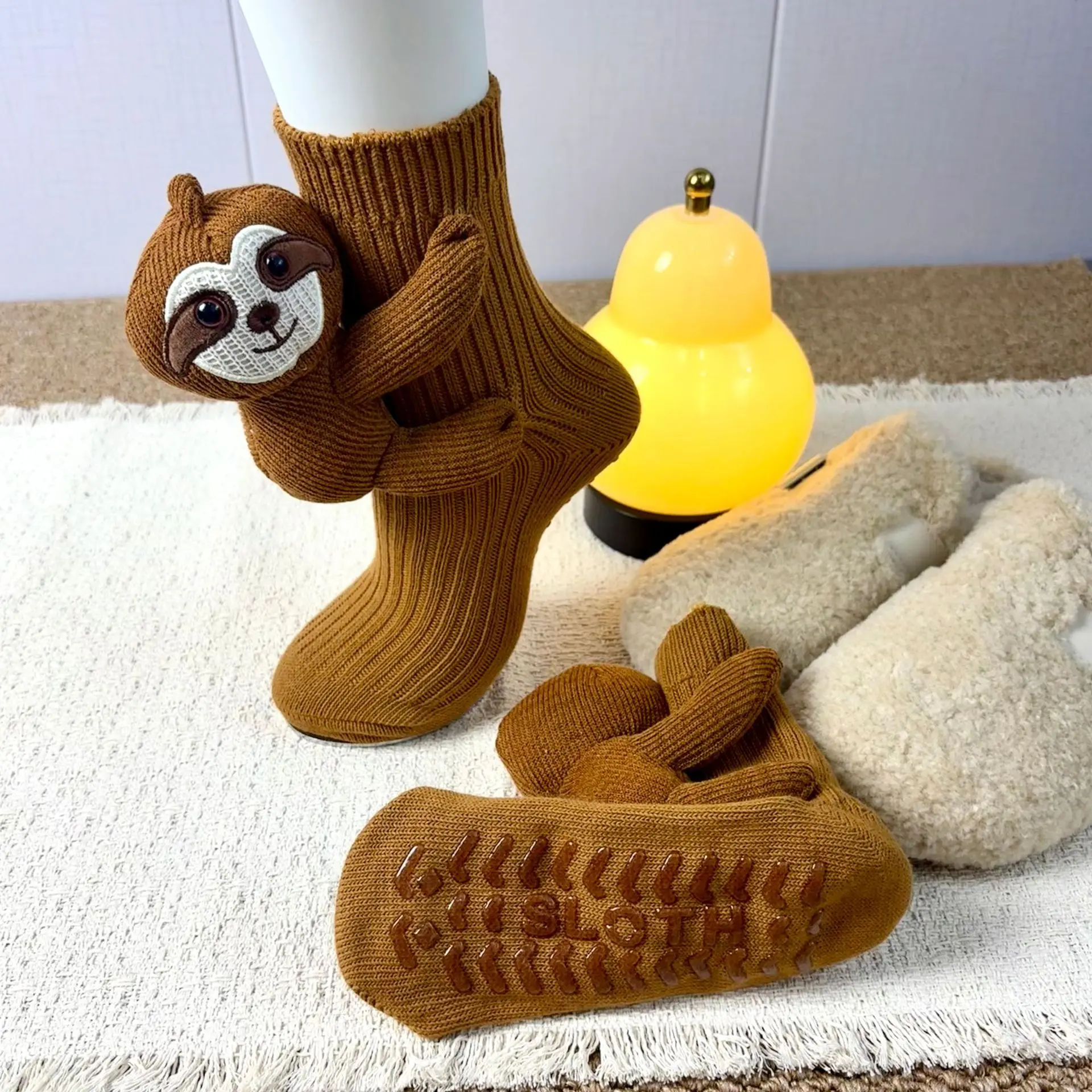 

Winter Thick Animal Socks 3D Sloth Plush Crochet Cotton Cut Indoor Non Slip Floor Socks for Men Women Kids 6-12y