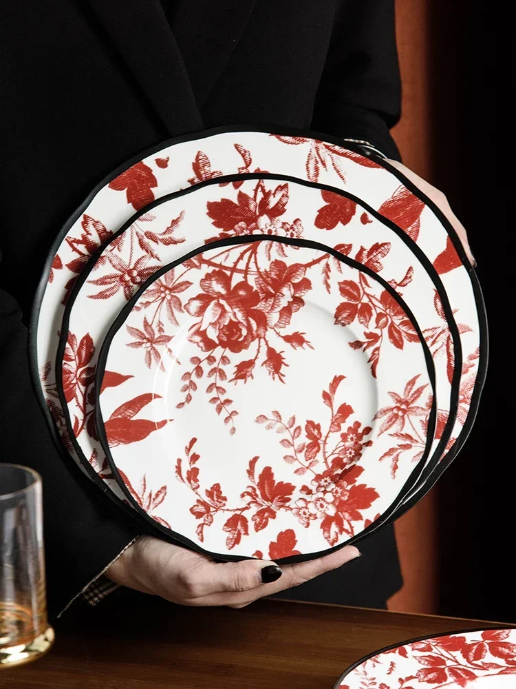 

Romantic rose teller, high quality light luxury dessert teller, retro ceramics, especially beautiful plate with plate and