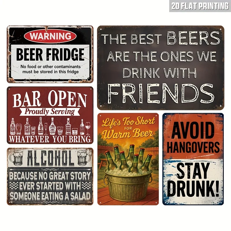 Decorative Sign& Plaque 6pcs Vintage Beer Bar Metal Sign Set, 8X12 Inch Retro Pub Wall Decor with Beer-Themed Phrases, Durable M