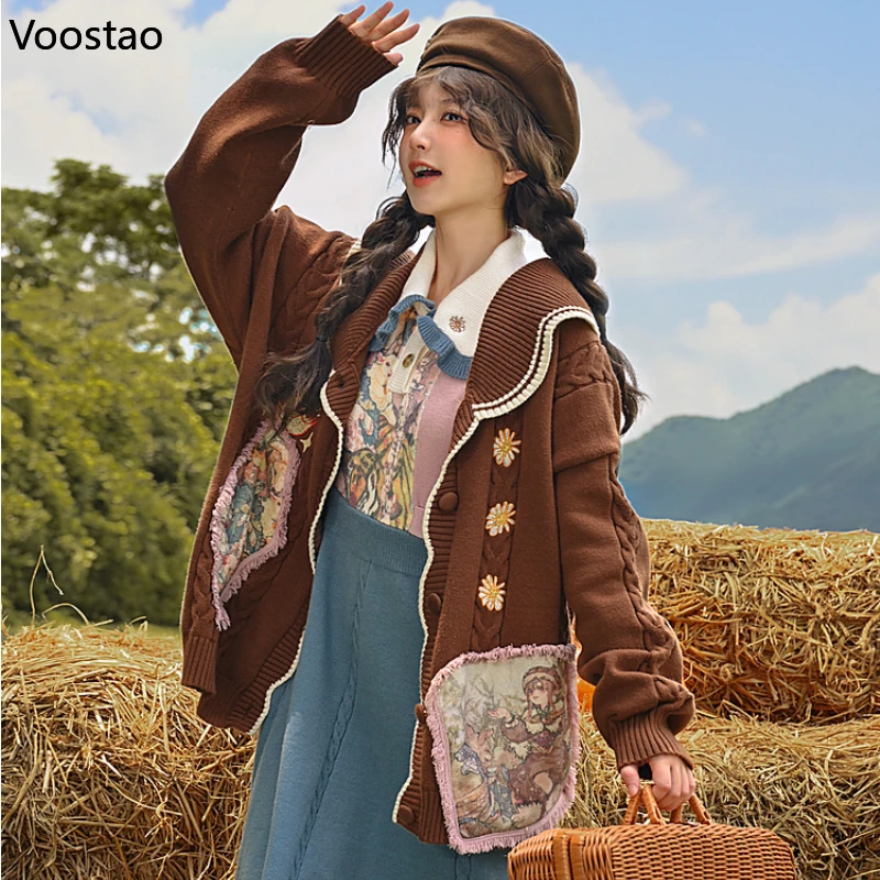 Kawaii Cartoon Jacquard Cardigan Women Vintage Jk Uniform Sweater Coat Autumn Winter Girls Y2k Knitted Tops Sueters De Mujer