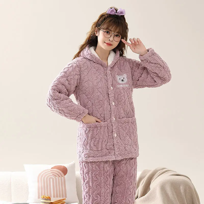 

2024 New Women's Pajamas Winter Thicken Girls Coral Fleece Three Layer Cotton Sleepwear Hat Plush Warm Ladies Home Clothes Set