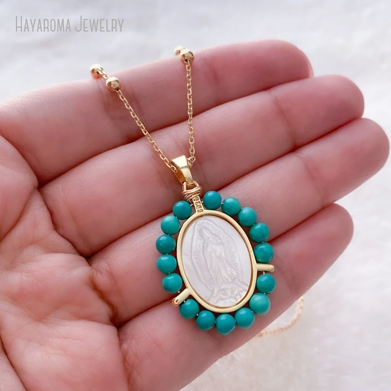 

10Pcs Mother Of Pearl Virgen De Guadalupe Necklace Religious Catholic Turquoises Mexican Jewelry