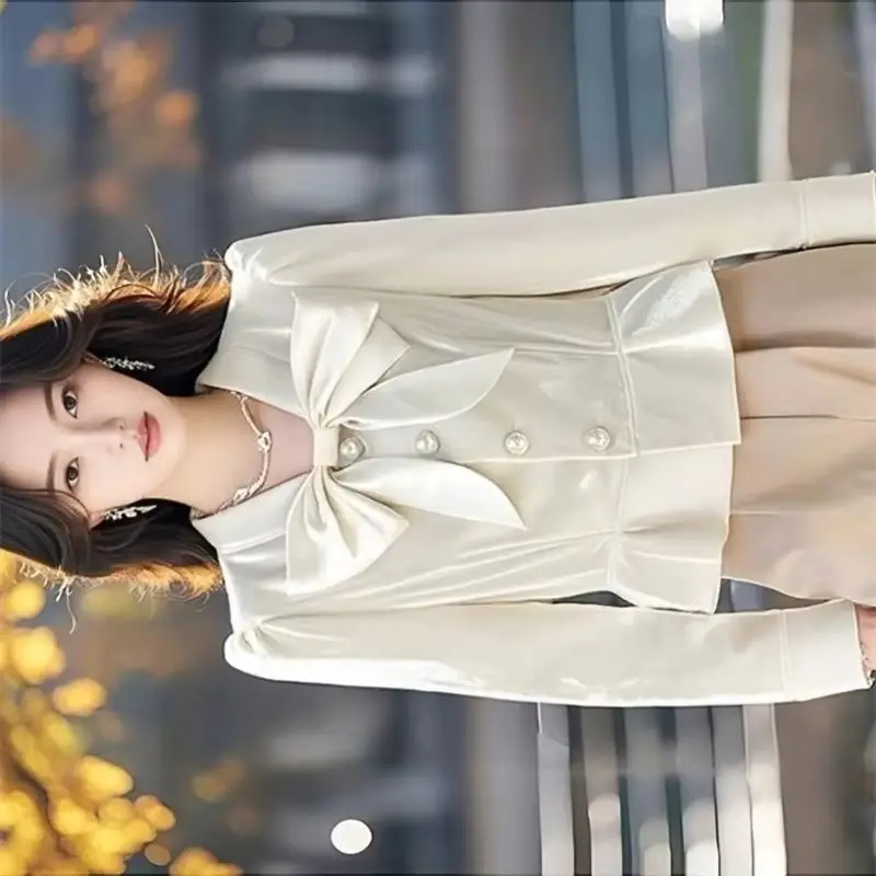 

White Golden Velvet Shirt New 2025 Women Shirt Blouse Fashion Chic Spring Autumn Single Breasted Casual Bow Shirt Top Female