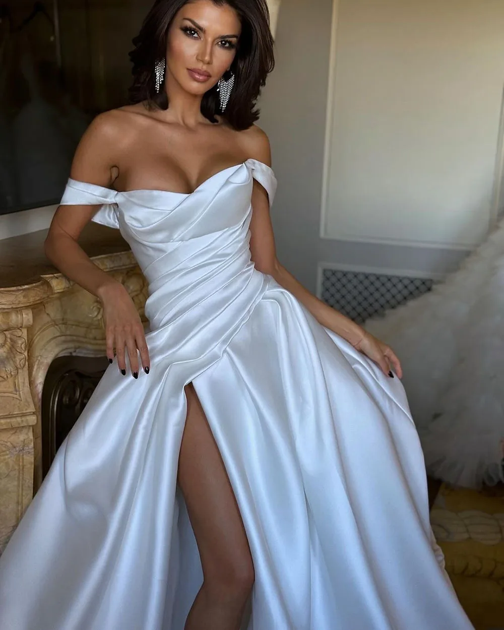 Vestidos de casamento de cetim, Vestidos De Noiva De Cetim, Fora do vestido de noiva do ombro, Elegante, Branco, 2024