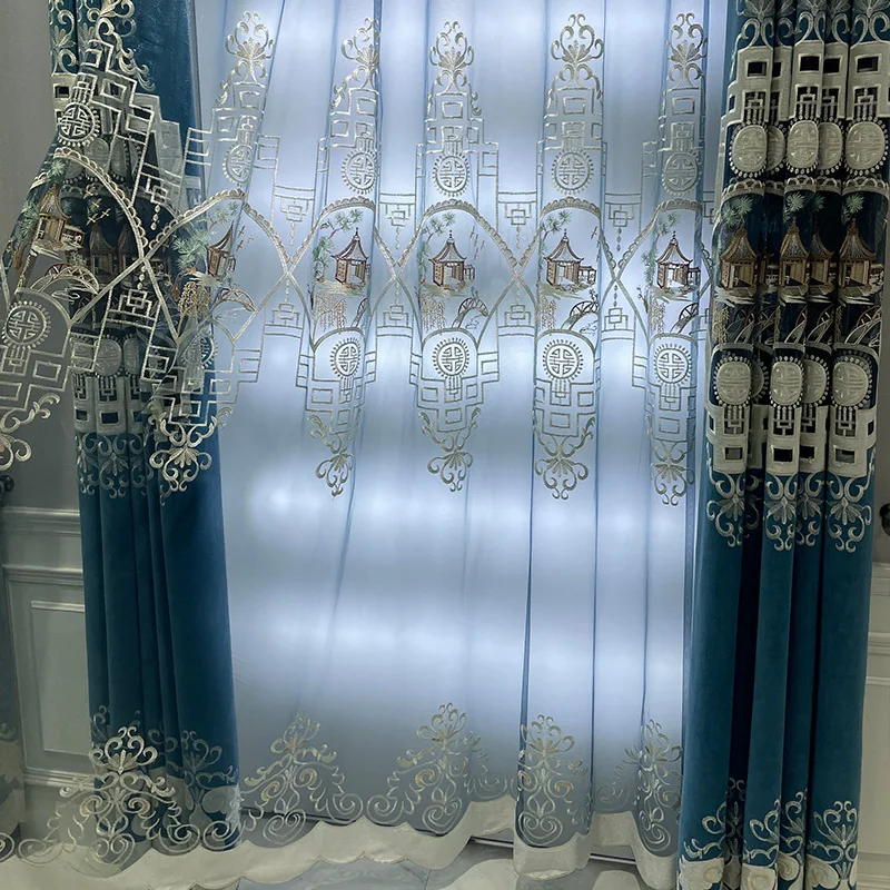 Chinese Embroidery Window Screen Hollowed Out Chenille Curtains for Living Room Bedroom Balcony Study French Window Customized