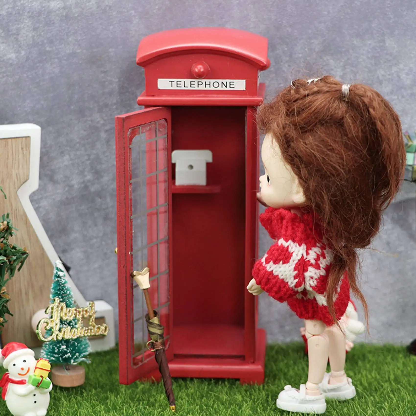 BAAA-1/12 Scale Dollhouse Wooden Telephone Booth Figurine Miniature Ornament Craft Accessory for DollHouse Pretend Play Toys
