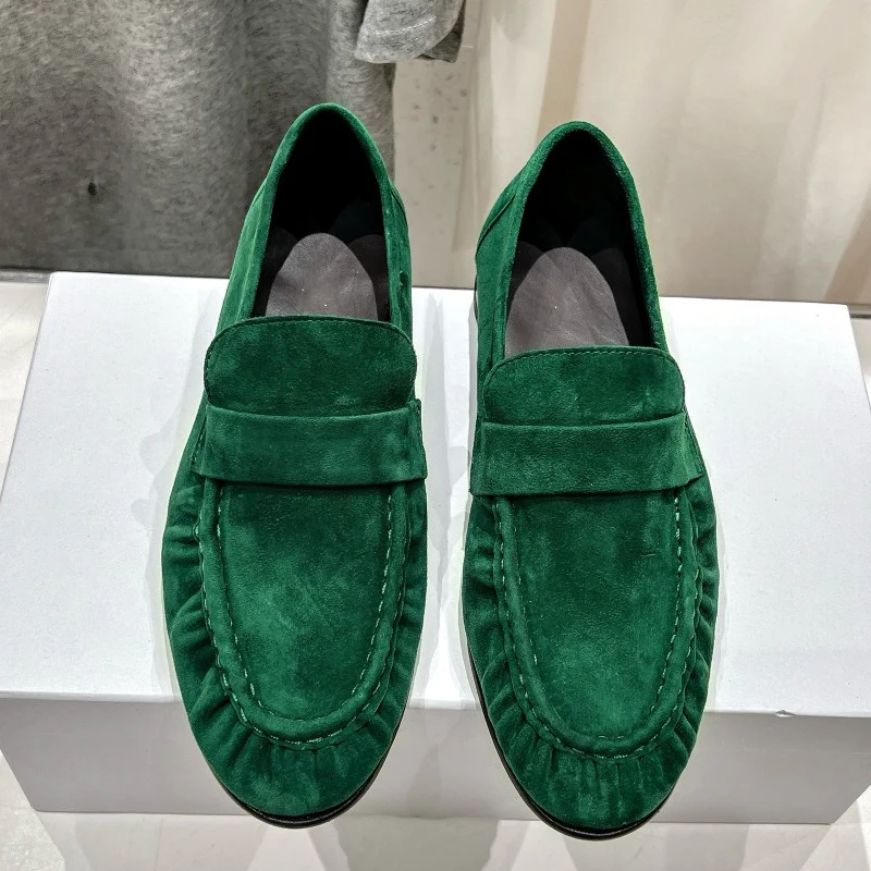 French Retro Flat Heel Loafers for Women Green Suede Leather Handmade Sewing Pleated Design Comfortable Casual Single Shoe Women