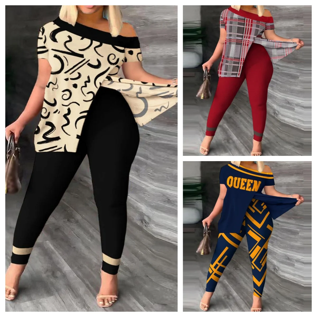 

Women's Printed Two-piece Set With Slit Irregular Sloped Collar Top T-shirt Printed Trousers Two-piece Set Fashionable