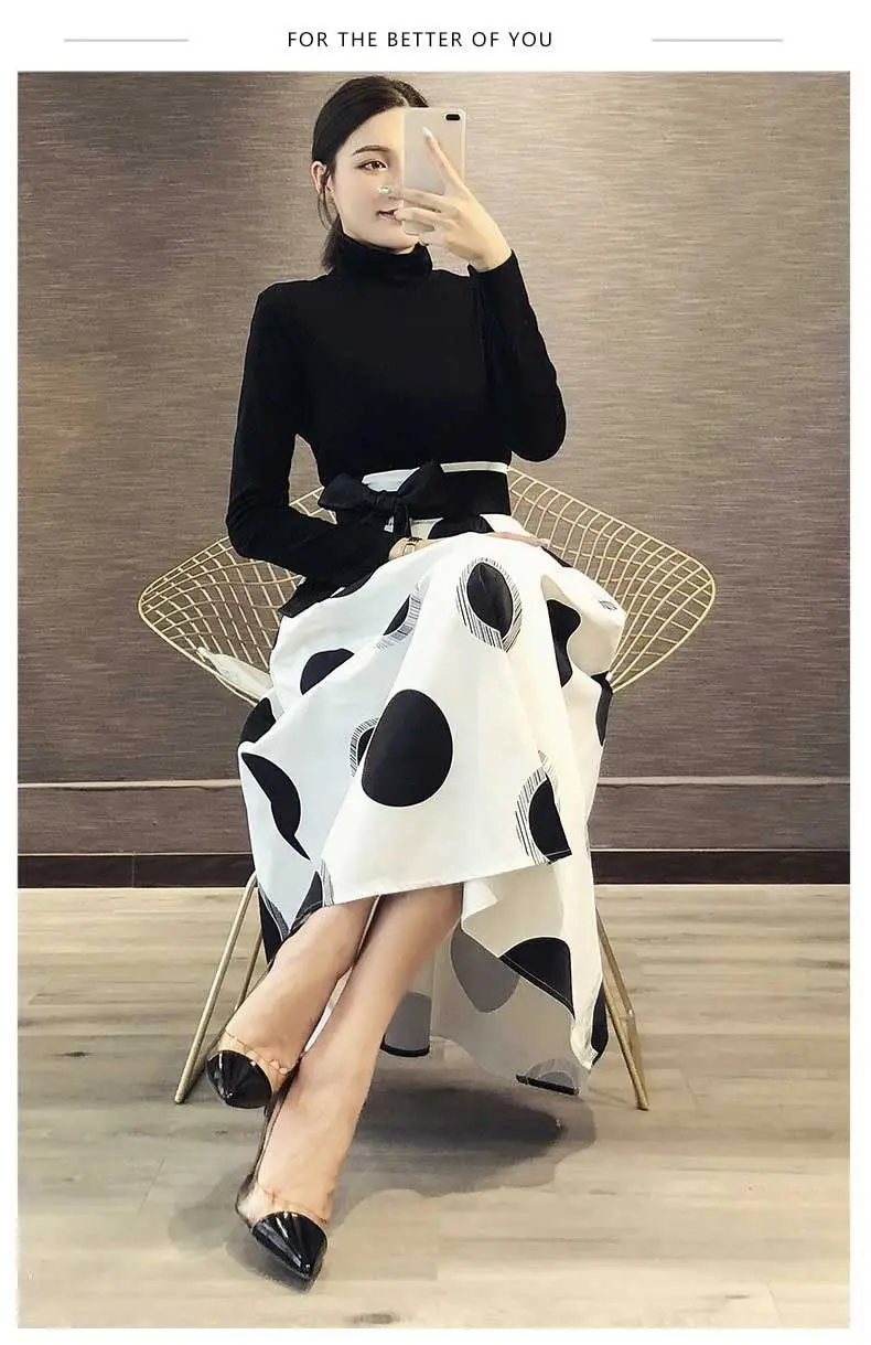 Runway Spring Summer Skirt Suit Women Black Tees Tops And Vintage Print Retro Polka Dots Print Bows Long Skirts Suits Set NZ261