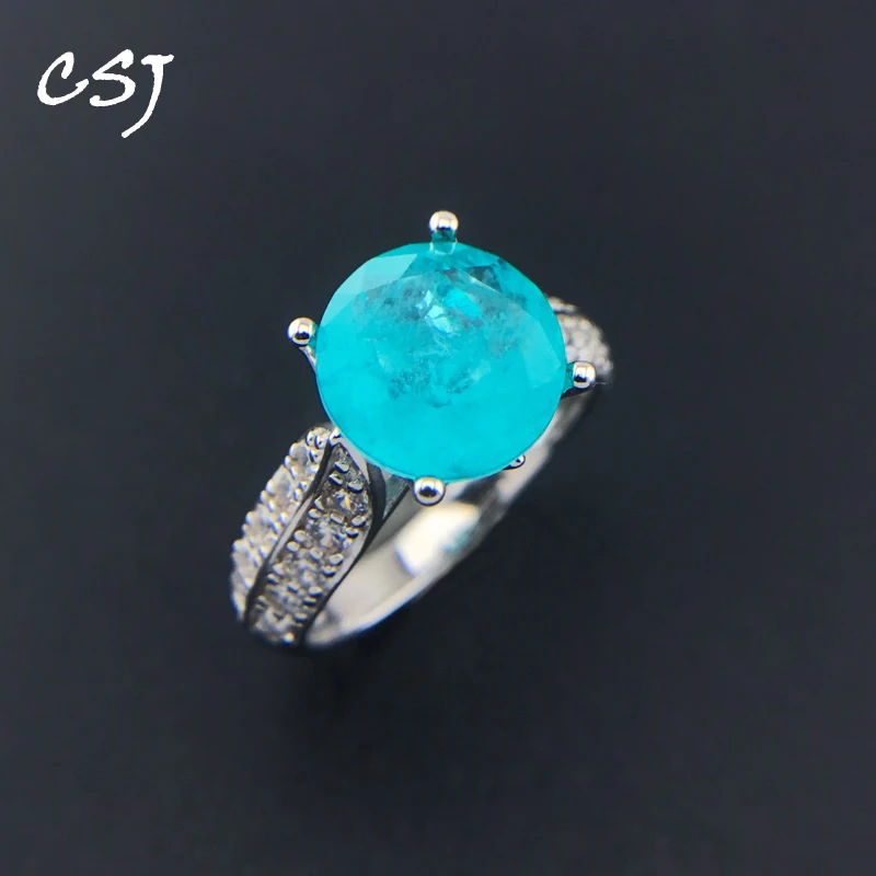 

CSJ New Paraiba Tourmaline Ring Sterling 925 Silver Created Gemstone 10mm for Women Wedding Engagment Party Trendy Jewelry Gift