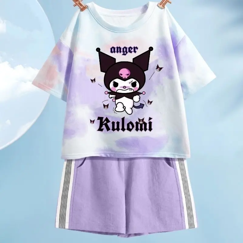 New Sanrioed Boys Girls Short Sleeve Shorts Two Piece Set Kuromi Cartoon Cotton T-Shirt Casual Shorts Fashion Kids Summer Suit