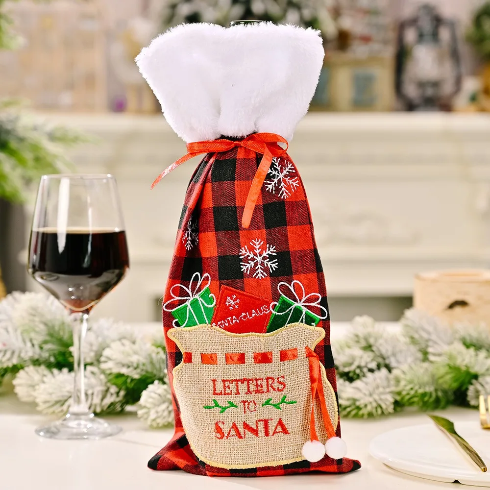 Reusable Christmas Wine Bottle Cover Champagne Bottle Cover Exquisite Creative Wine Bottle Set with Embroidered Black Plaid