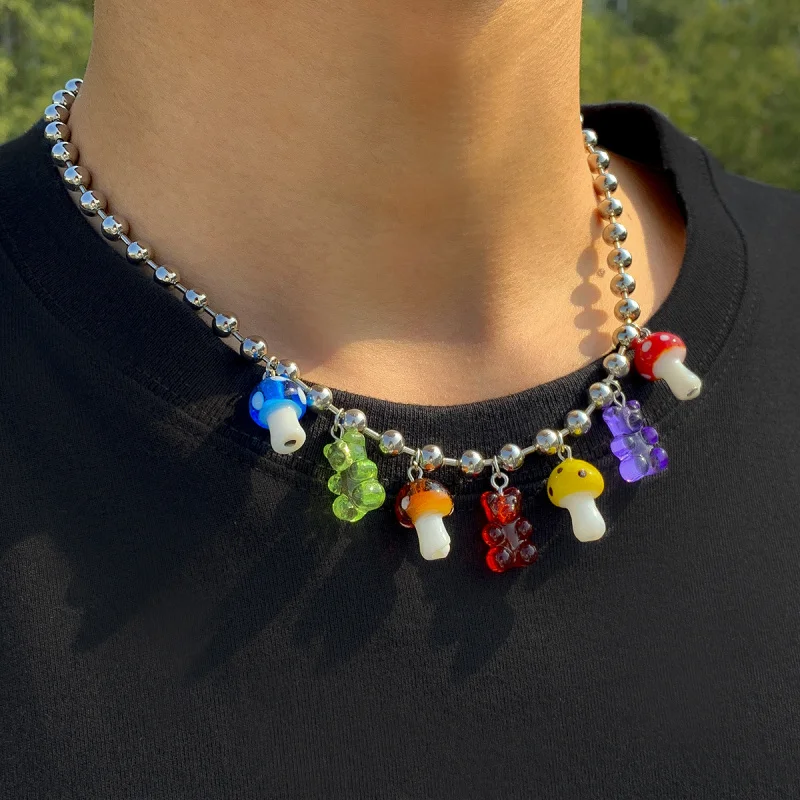 Trendy Men’s Y2K Ball Chain Necklace with Playful Mushroom and Gummy Bear Charms Bright Resin Details Kawaii Harajuku Streetwear
