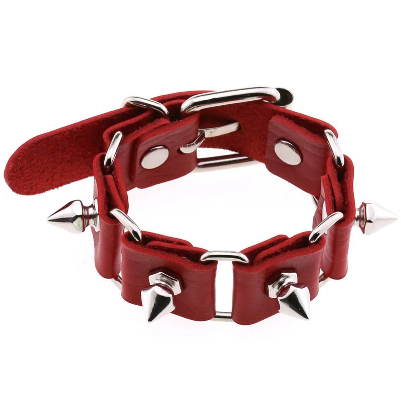 Hot Punk Gothic Rock Row Metal Stud Spikes Rivet Red PU Leather Wristband Bangles For Men Women Bracelet Unisex Jewelry