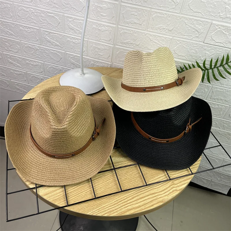 Wide Brim Straw Unisex Cowboy Hat Sun Protection Western Cowgirl Cowboy Hat with Wind Lanyard Durable Travel Foldable for Summer