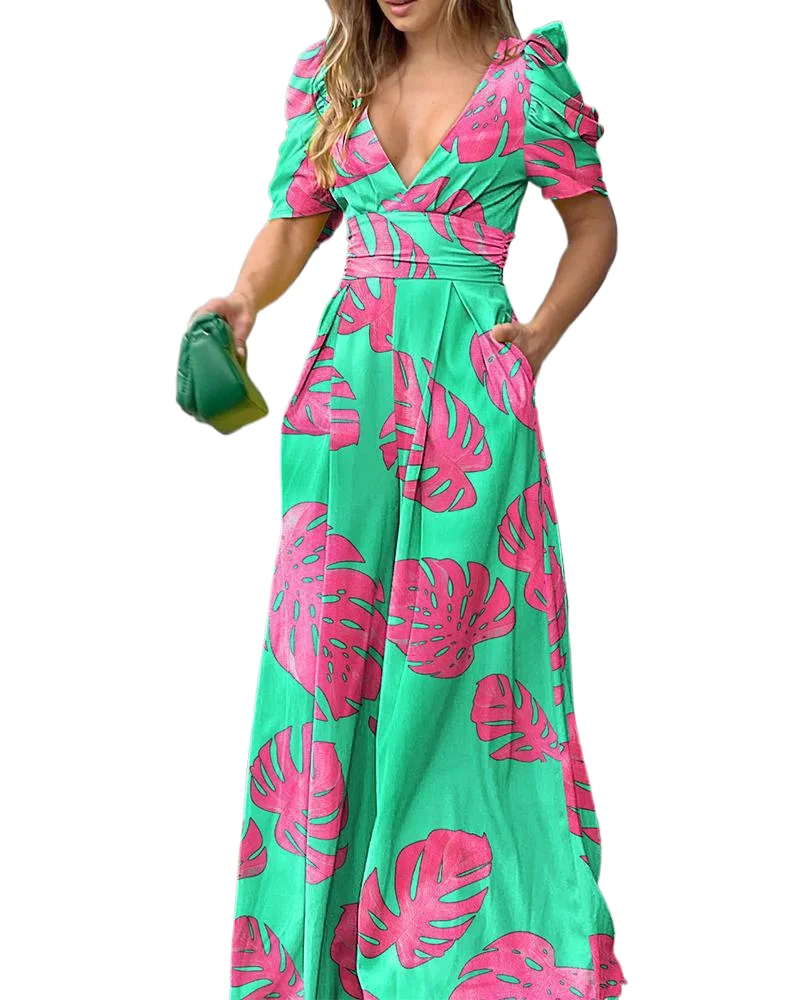 

Fashion V-neck Floral Print Maxi Jumpsuit For Women's Summer Casual Waist Collection Short Sleeved Elegant Jumpsuit Women 2023