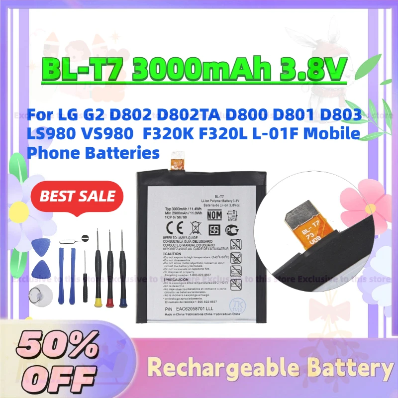 

In Stock BL-T7 3000mAh 3.8V Battery for LG G2 D802 D802TA D800 D801 D803 LS980 VS980 F320K F320L L-01F Mobile Phone Batteries
