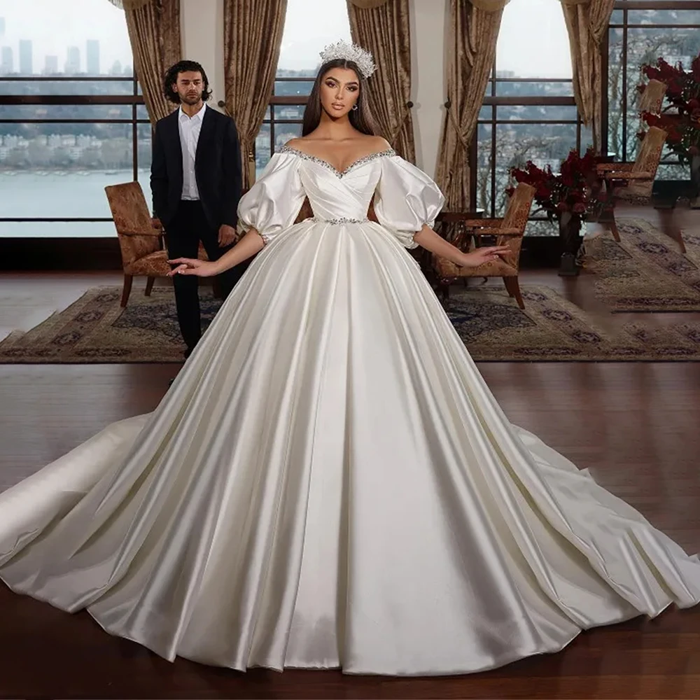 

Sweetheart Neck Half Sleeve A-Line Wedding Dress Taffeta Diamond Applique Bride Dress Elegant Bride Gowns Formal Bridal Gown