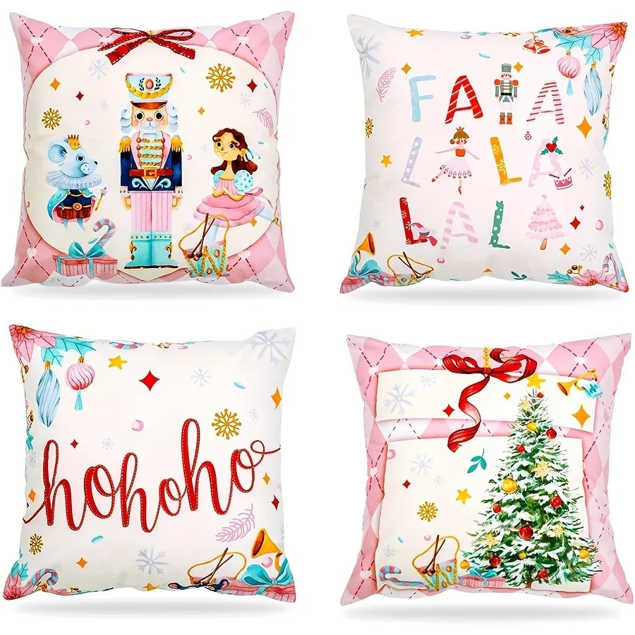 4pcs Festive Christmas Candy Destroyer Pillowcases - Pink, White, Red and Green, Zippered Winter Toss Pillowcases