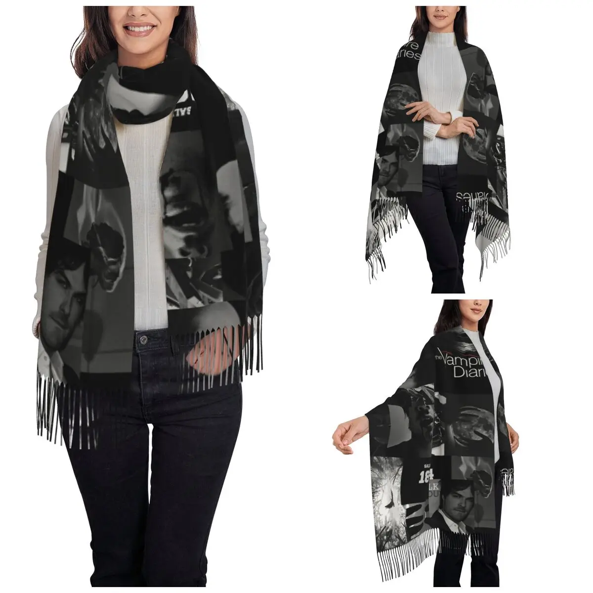 Women's Tassel Scarf The Vampire Diaries Damon Salvatore Large Winter Fall Shawl Wrap Horror Movie Gifts Pashmina Scarves
