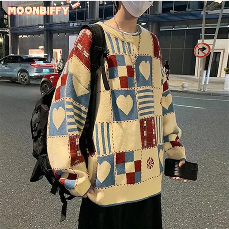 Harajuku Maglione grafico a forma di cuore Uomo Hip Hop Streetwear Autunno Maglione pullover oversize per uomo Maglioni moda сislavтukan