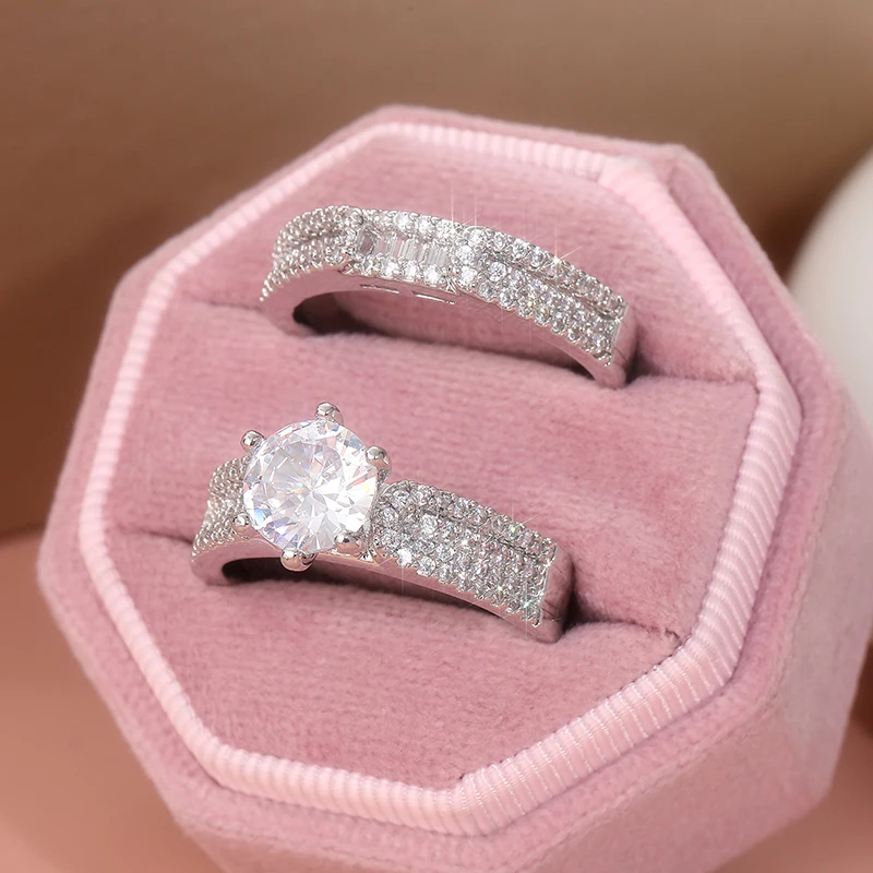 2pcs/set Round Marquis Cut Cubic Zirconia Ring Set For Women Retro Style Art Decoration Engagement Ring Temperament Jewelry