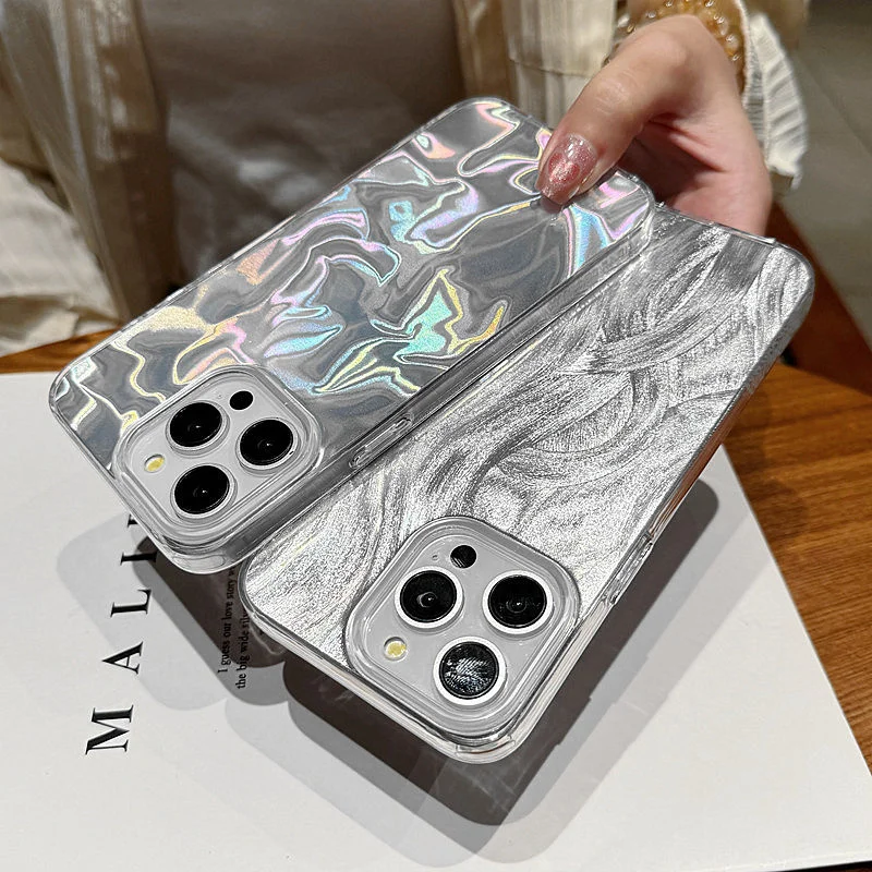 Luxury Laser Silver Gradient Case for iPhone 15 14 13 12 11 Pro Max Plus 7 8 Plus XR X XS SE 2 Protection Soft Edge Phone Cover