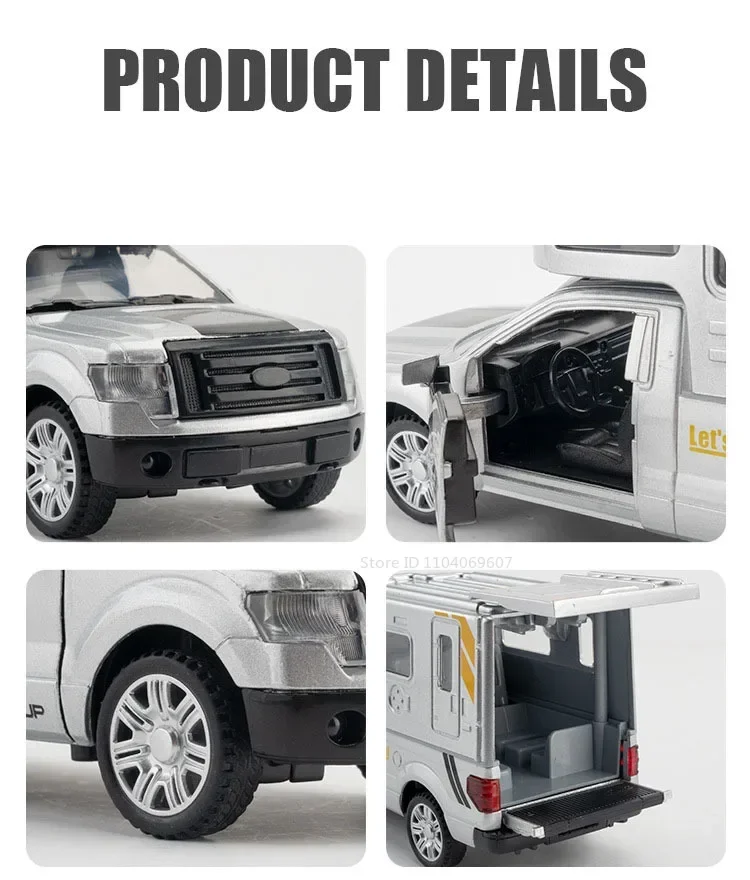 Modèle de voiture jouet F150 1:32, camionnette Miniature RV en métal moulé sous pression, son et lumière, portes ouvertes, véhicules tout-terrain, cadeaux pour enfants