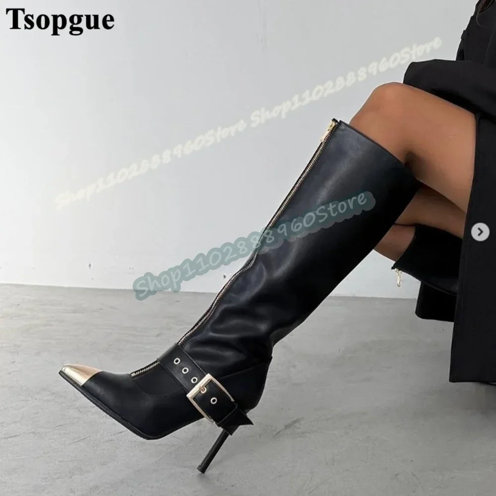 

Knee High Black Leather Buckle Strap Gold Toe Boots Thin High Heel Women Shoes Front Zipper Pointed Toe Casual Stylish Boots