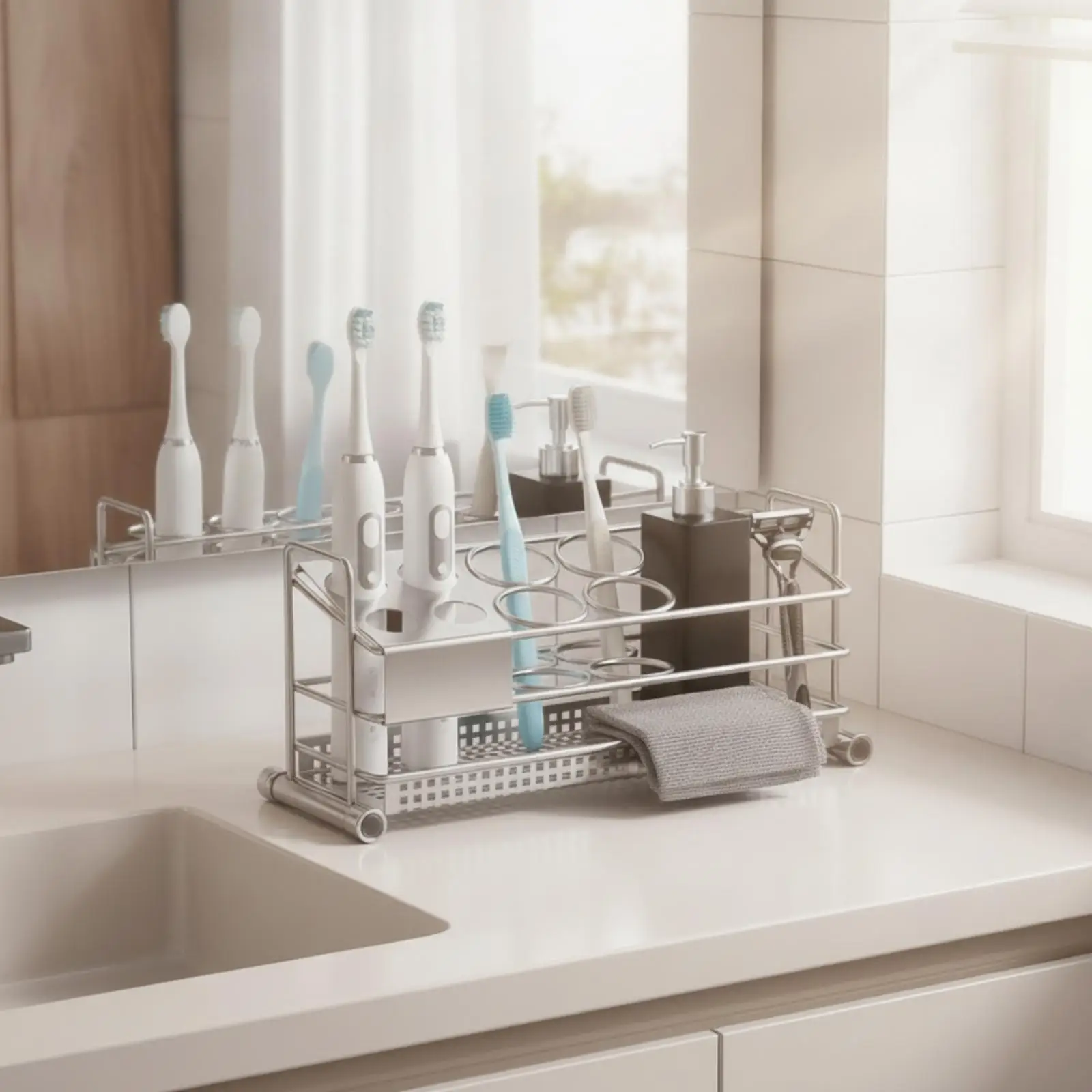 Bathroom Countertop Organizer Stainless Steel Toothbrush Holder Stand Space Saving Storage Rack with Perforated Bottom Tray