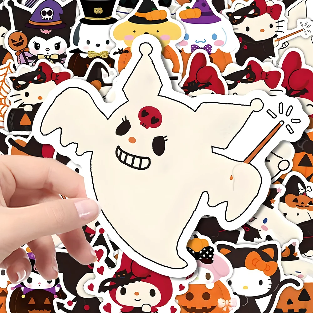 Autocollants de dessin animé Halloween pour enfants, Sanurgente, Kitty, Kuromi, Melody, Kawaii, bagages, ordinateur portable, téléphone, planche à roulettes, décalcomanies de bricolage, jouet cadeau, 10 pièces, 30 pièces, 63 pièces