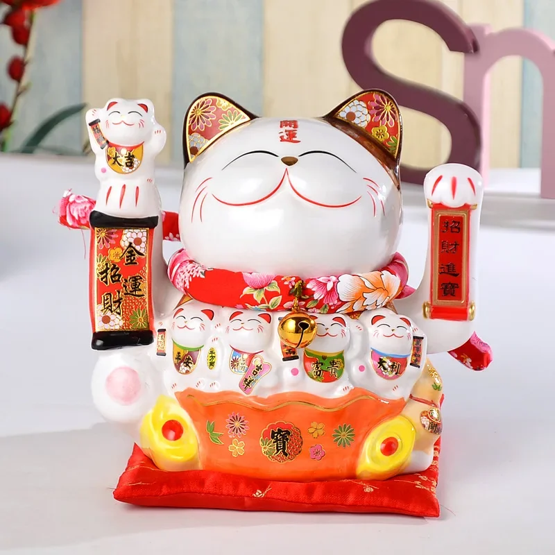 

10 Inches Lucky Cat Rocking Hand Ornament Japanese Creative Ceramic Decorations Store Opening Gift Home Living Room Decorations