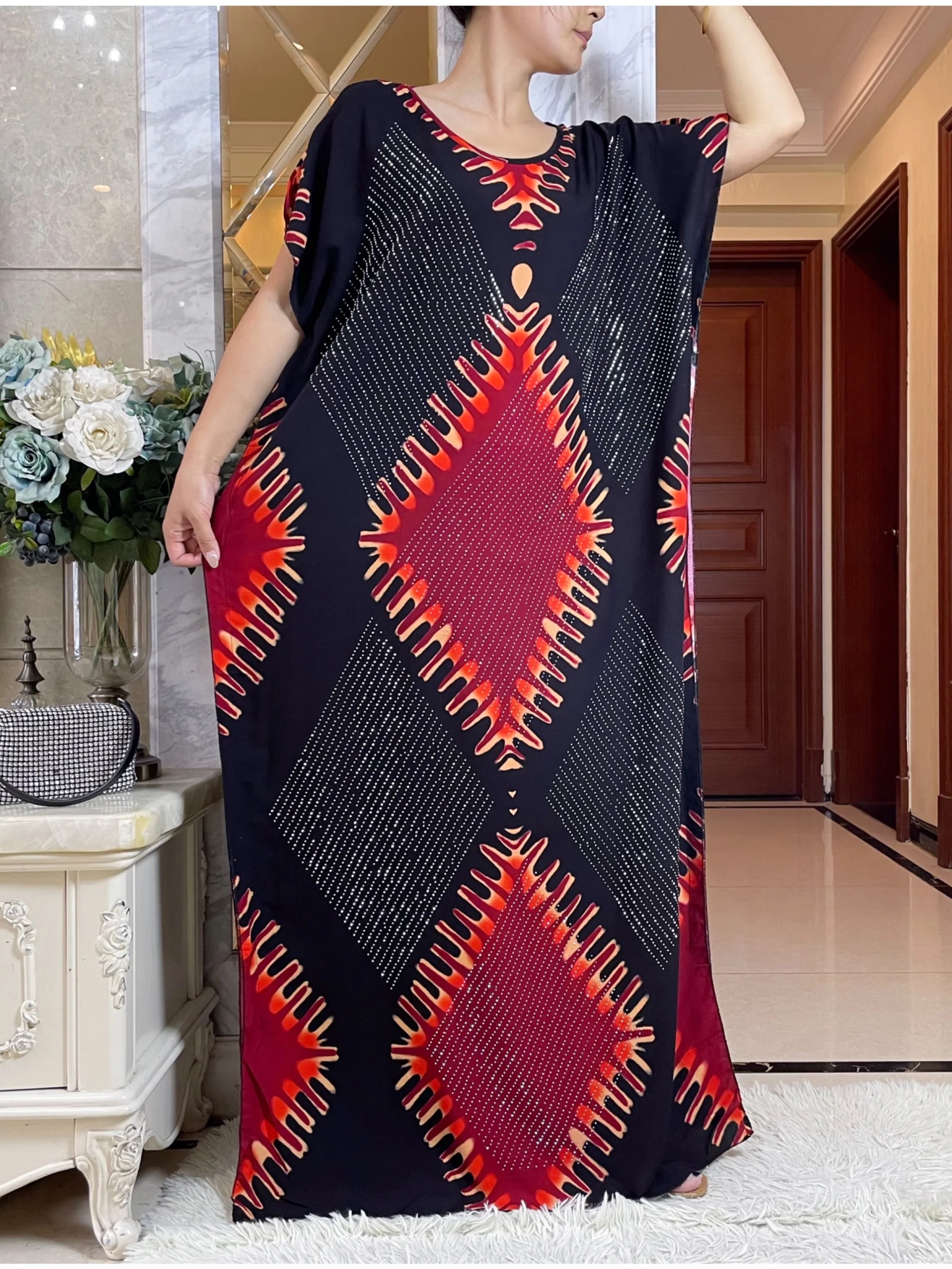 2024 African Summer Short Sleeve Dashiki Dress with Big Scarf Loose Boubou Maxi Islam Women Casual Dress Diamonds Abaya Clothes